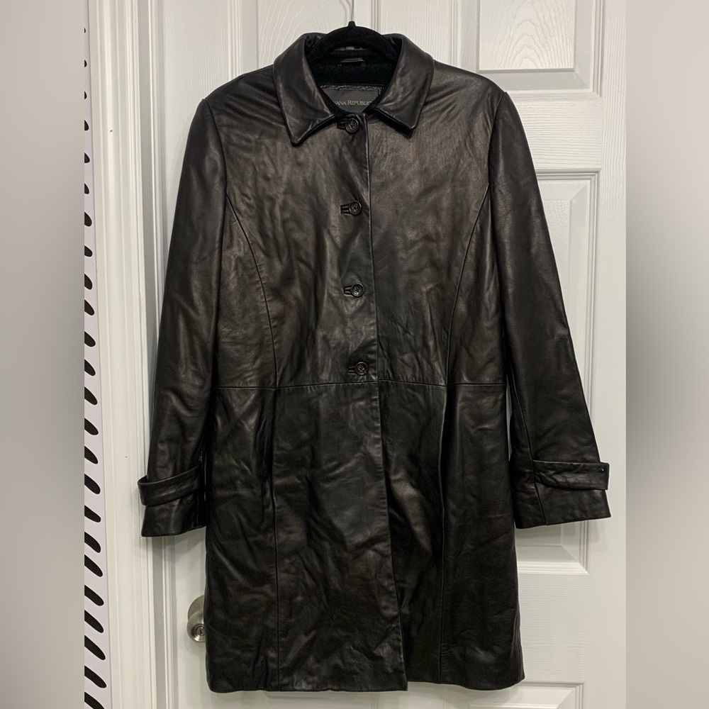Banana Republic black genuine leather trench coat